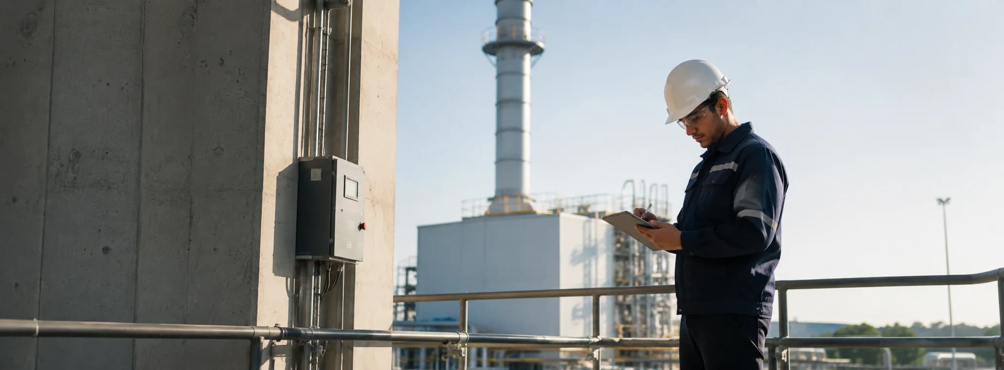 An operator on a walkway making notes, with a gas plant and stack behind