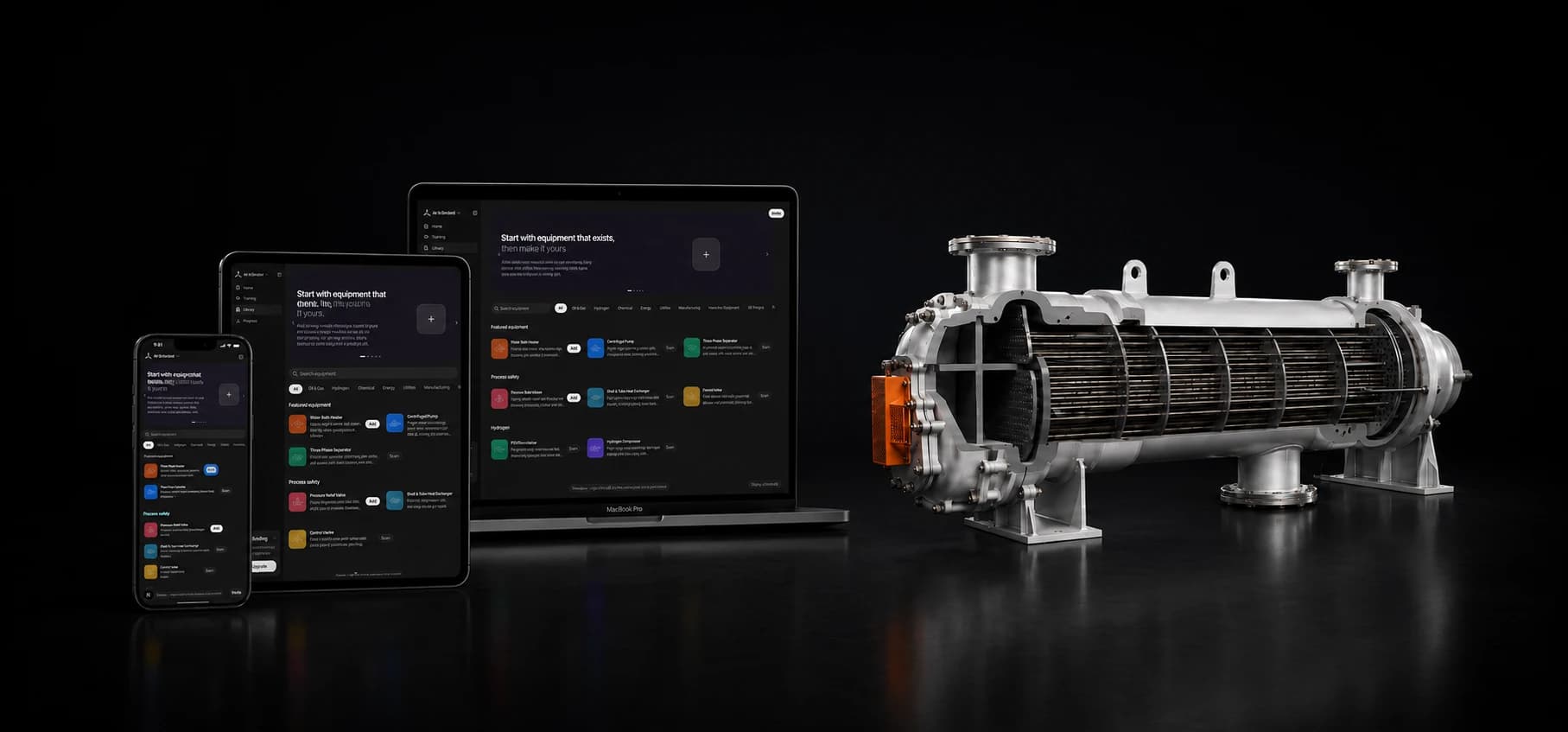 A laptop, tablet and phone showing the Techcopter library, standing beside a shell-and-tube heat exchanger cut away to show the tube bundle and baffles inside