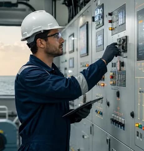 An operator at an offshore switchboard, one hand on a breaker and a tablet in the other
