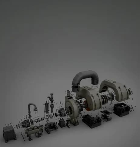 An exploded view of a compressor train, casing, rotor and baseplate laid out in order