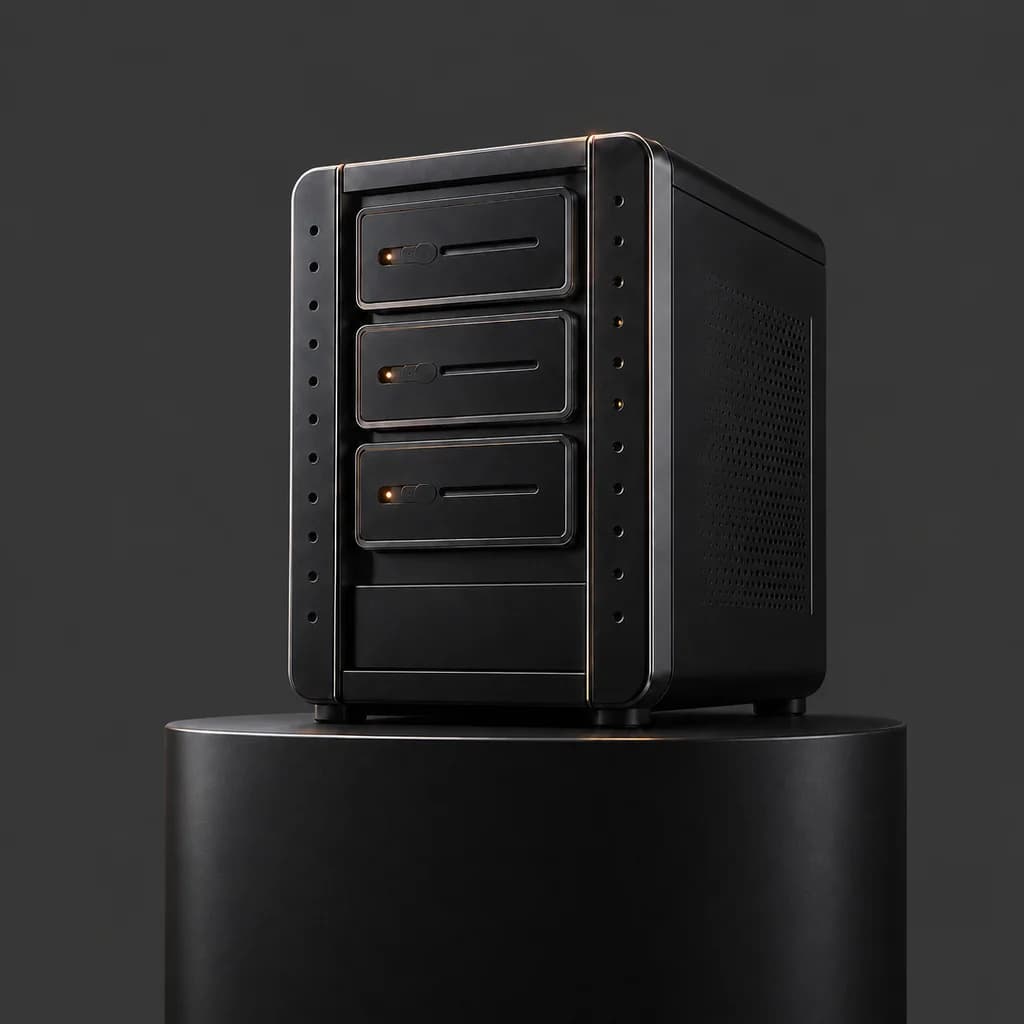 A rack enclosure of its own, three bays filled, shut