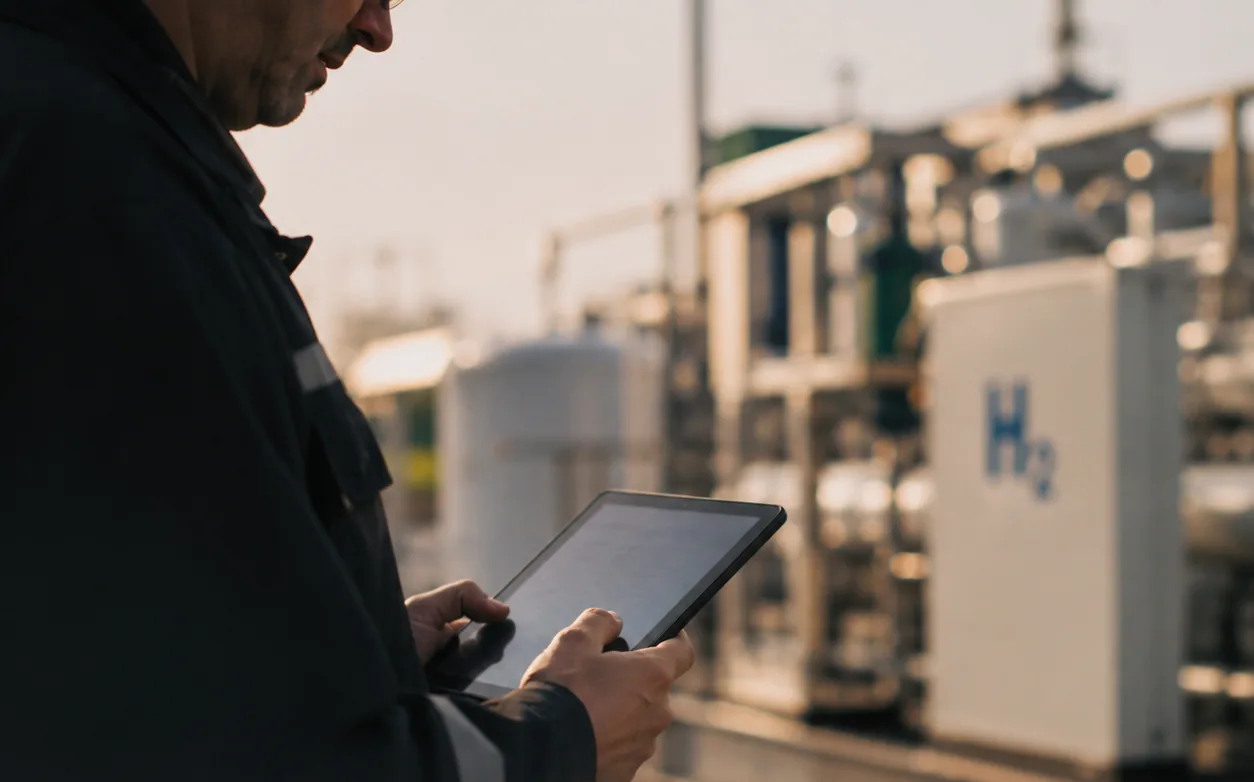An operator holding a tablet in front of hydrogen production equipment, with a cabinet marked H2 behind